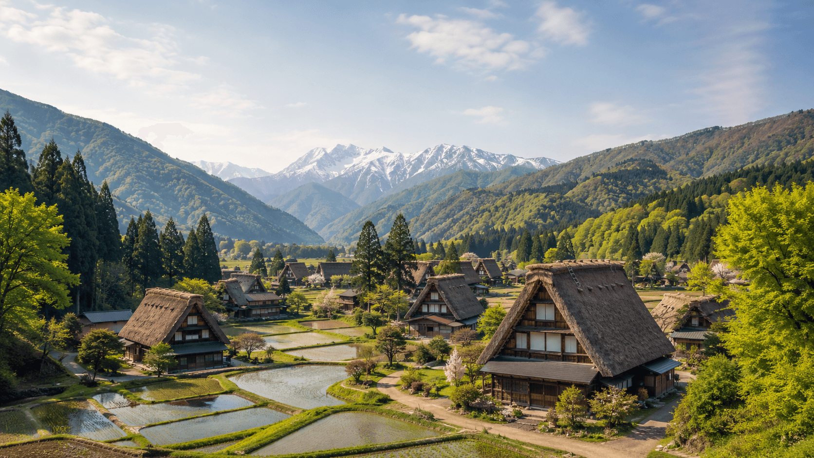 Gassho-style farmhouses in Central Japan with mountains and rice paddies